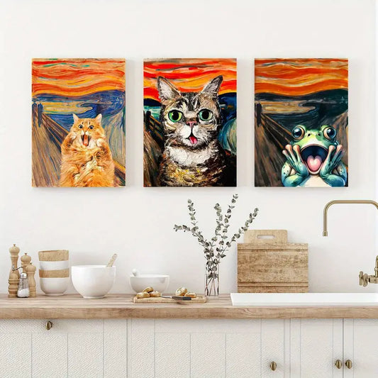 3pcs Abstract screaming cats, surprised frogs, bold colors Metal Print Ready to Hang Art