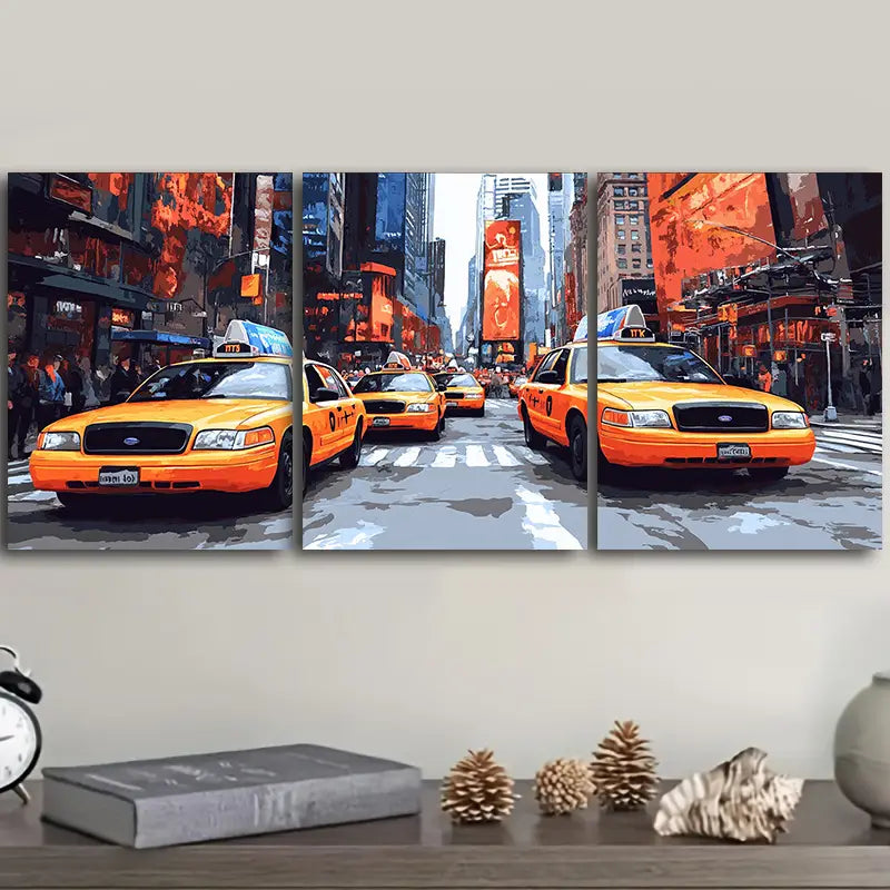 3pcs Cabs in the City Scene Metal Print Ready to Hang Art