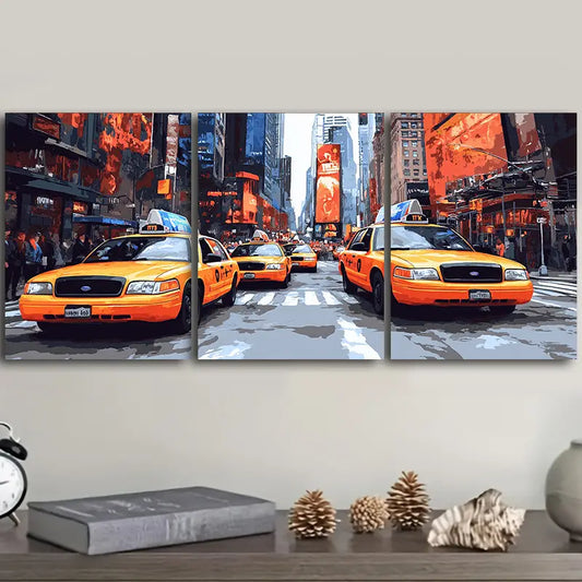 3pcs Cabs in the City Scene Metal Print Ready to Hang Art