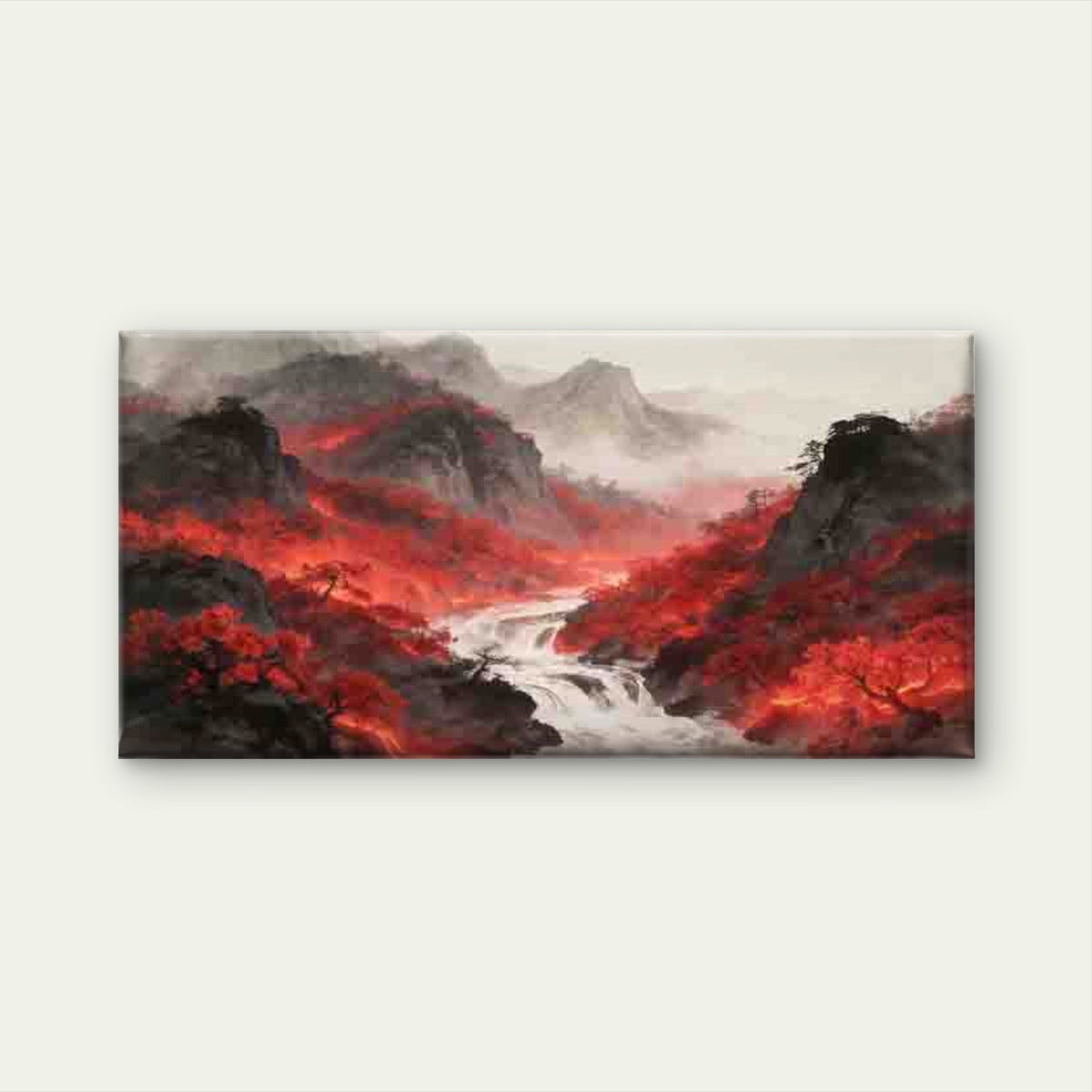 Red Forest Mountain River Scene Wall Art Canvas Office Home Room Framed 120x60cm