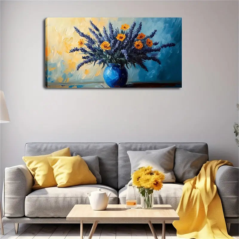 Blue Vase with Purple Tail Wall Art Canvas Office Home Room Framed 120x60cm
