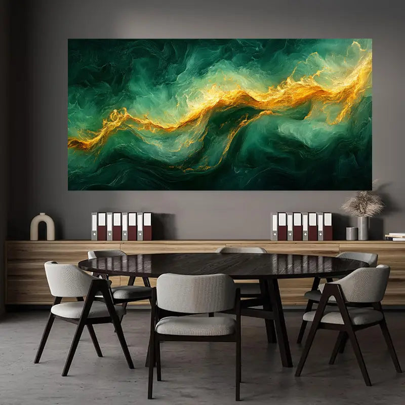 Golden Fluid Painting with Green Accents Design Wall Art wall canvas office home room framed 120x60cm