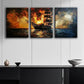 3pcs Watercolor painting of the ship on fire Sea Metal Print Ready to Hang Art