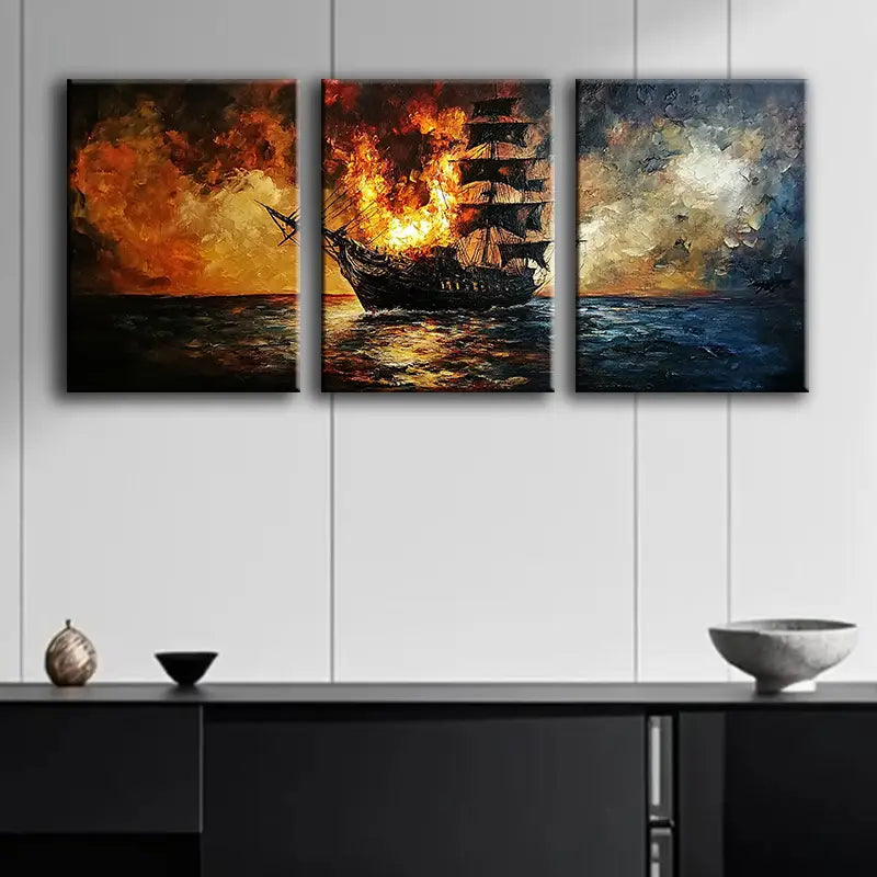3pcs Watercolor painting of the ship on fire Sea Metal Print Ready to Hang Art