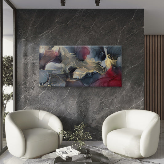 Abstract Black Red Alcohol Ink Swirl Gold Foil Wall Art Canvas Office Home Framed 80x45cm