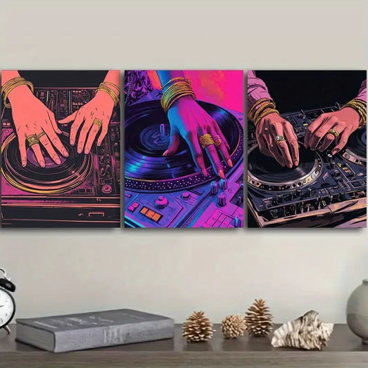 3pcs Featuring a Close-Up of Hands on a Turntable Metal Print Ready to Hang Art