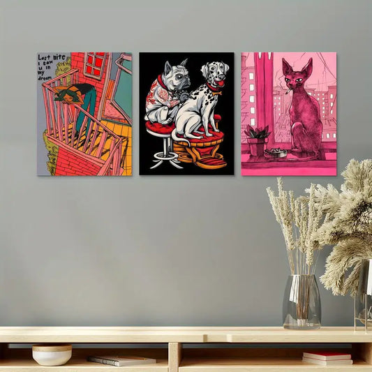 3pcs Dog tattoos, mischievous cats Cartoon Painting Metal Print Ready to Hang Art