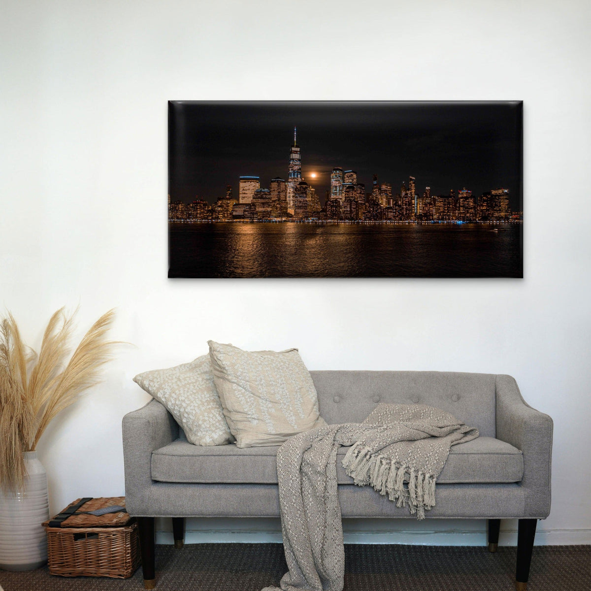 City Skyline at Night with Moon Wall Art Canvas Office Home Room Framed 80x45cm