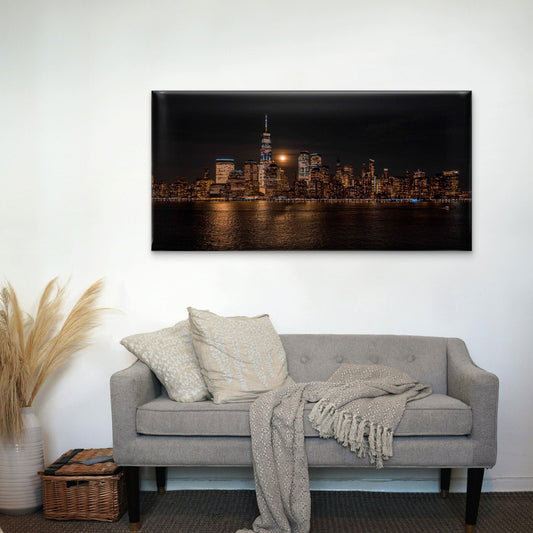 City Skyline at Night with Moon Wall Art Canvas Office Home Room Framed 80x45cm
