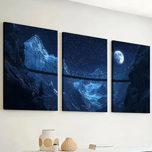3pcs Modern Natural Mountain Night Scene Artworks Dark Wall Art Set Canvas Framed 40x60cm - High Quality Print 100% Australian Made Wall Canvas Ready to Hang