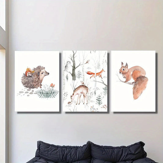 3pcs Watercolor Forest Animals Hedgehog, Squirrel & Deer Metal Print Ready to Hang Art