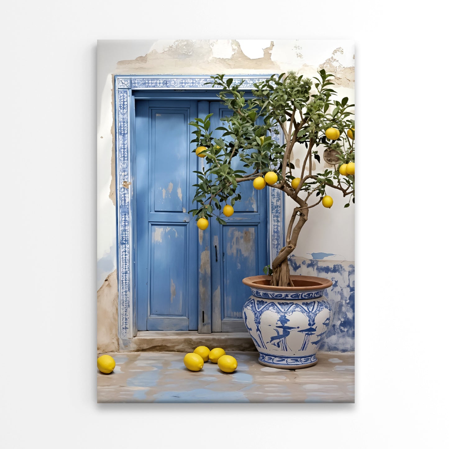 Vintage Potted Lemon Tree with Blue Door Print 100% Australian Made 40x60cm Stretched Canvas Ready to Hang