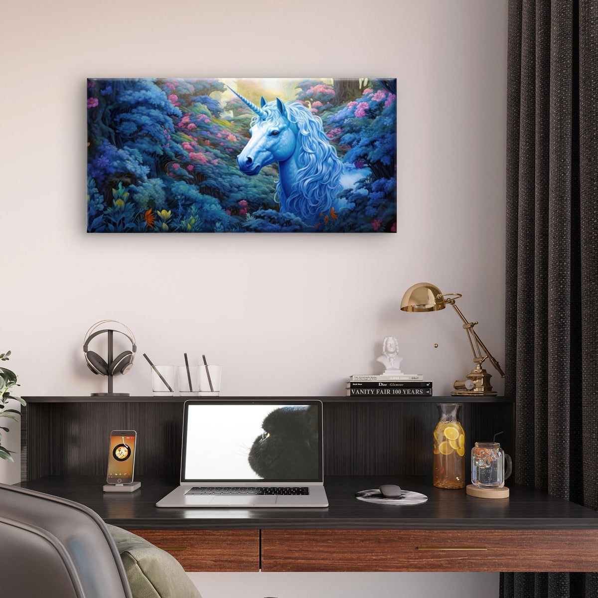 Mystic Blue Unicorn Fantasy Woodland Wall Art Canvas Office Home Framed 80x45cm