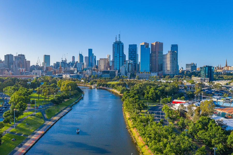 Melbourne Town View from Yarra river Print 100% Australian Made Stretched Canvas Ready to Hang - AU-127