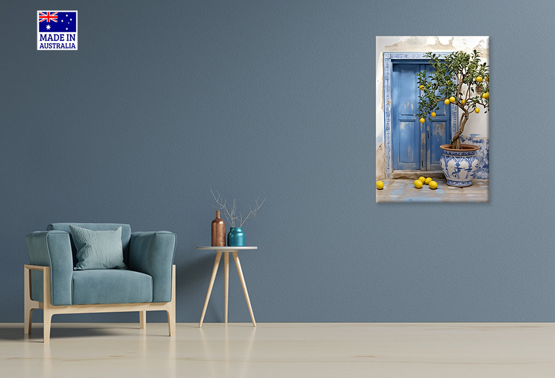 Vintage Potted Lemon Tree with Blue Door Print 100% Australian Made 40x60cm Stretched Canvas Ready to Hang