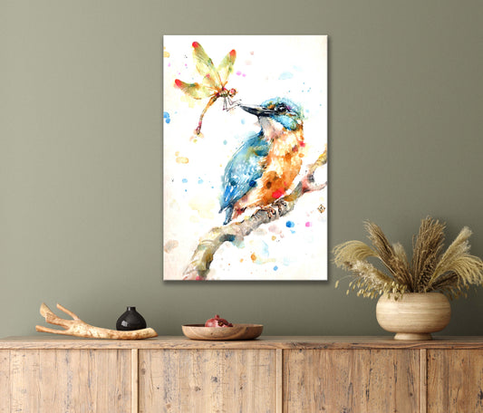 Bird Sitting on A Branch with A Dragonfly in Its Mouth Print 100% Australian Made 40x60cm Stretched Canvas Ready to Hang