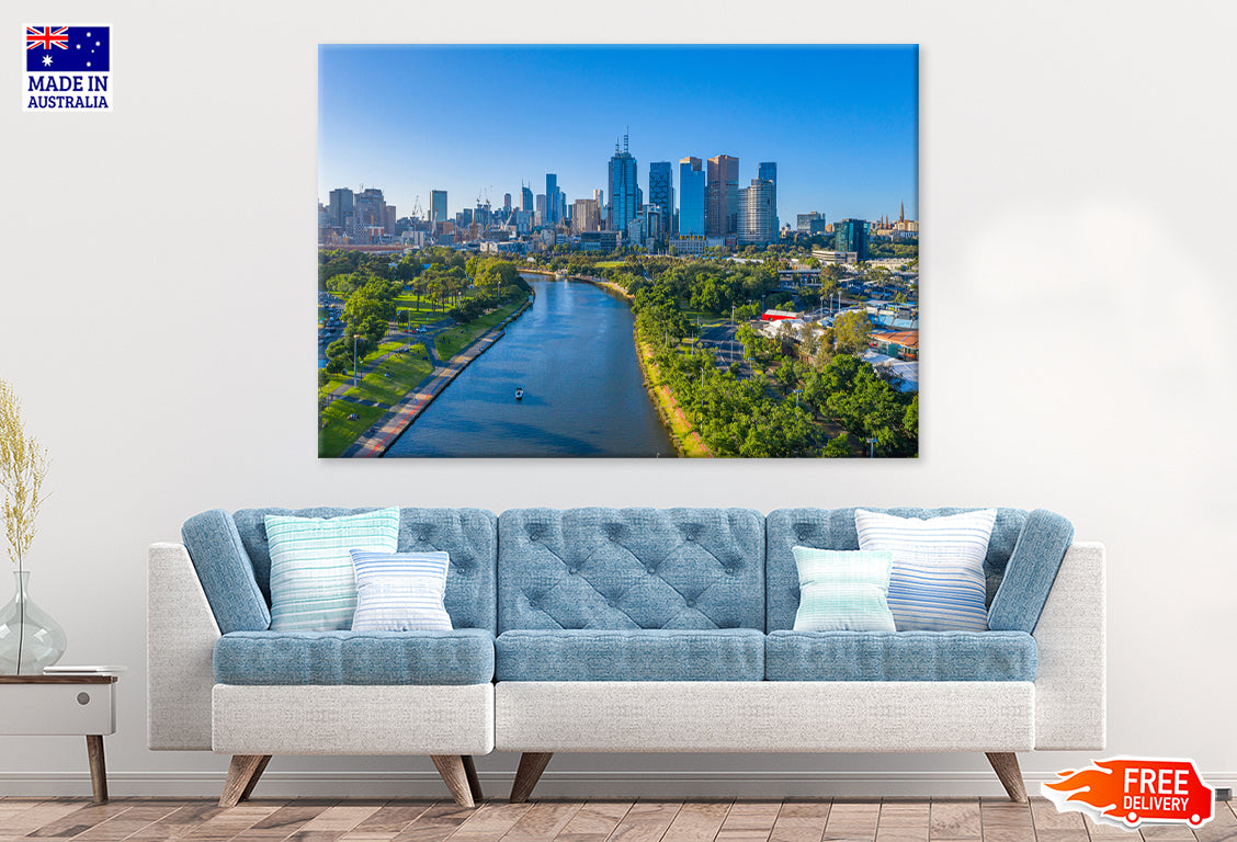 Melbourne Town View from Yarra river Print 100% Australian Made Stretched Canvas Ready to Hang - AU-127