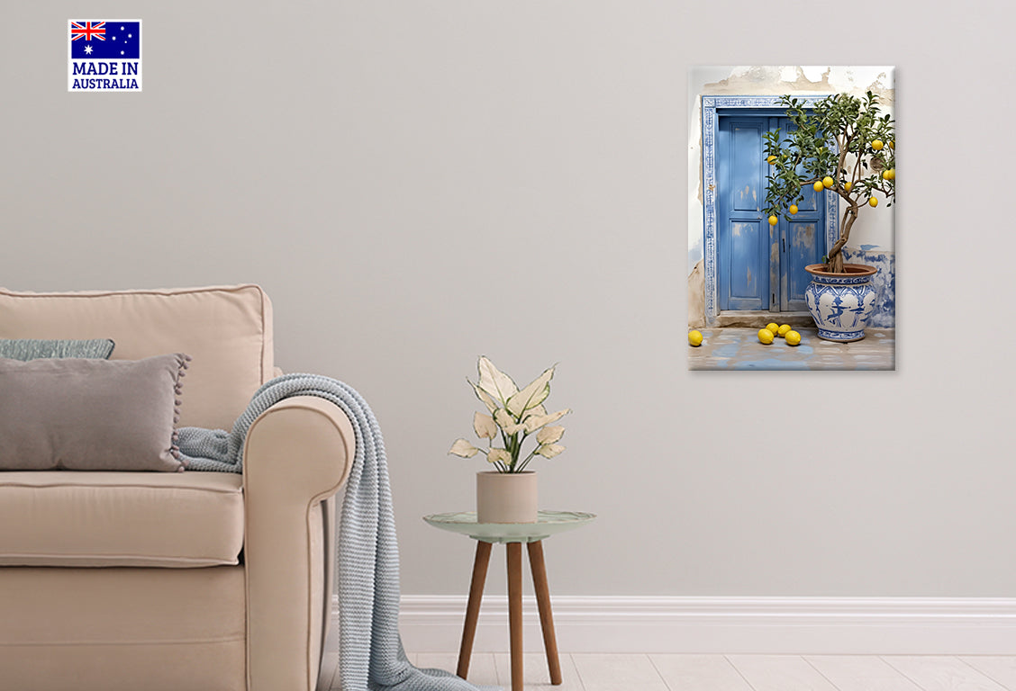 Vintage Potted Lemon Tree with Blue Door Print 100% Australian Made 40x60cm Stretched Canvas Ready to Hang