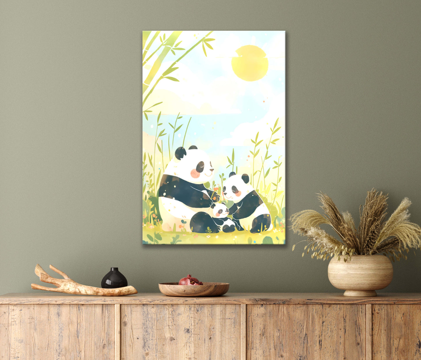 Couple Of Panda Bears Sitting on Top of Lush Green Field Print 100% Australian Made 40x60cm Stretched Canvas Ready to Hang