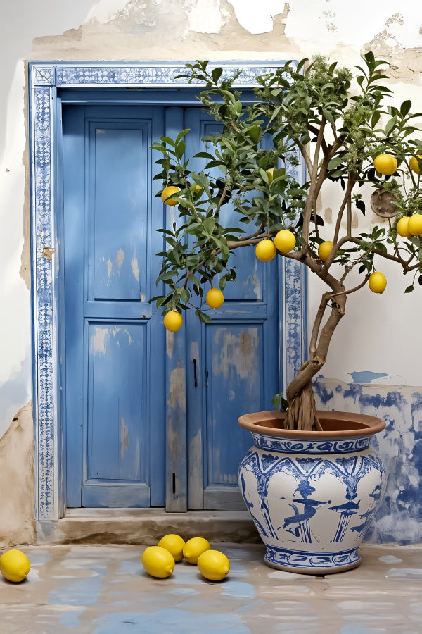 Vintage Potted Lemon Tree with Blue Door Print 100% Australian Made 40x60cm Stretched Canvas Ready to Hang