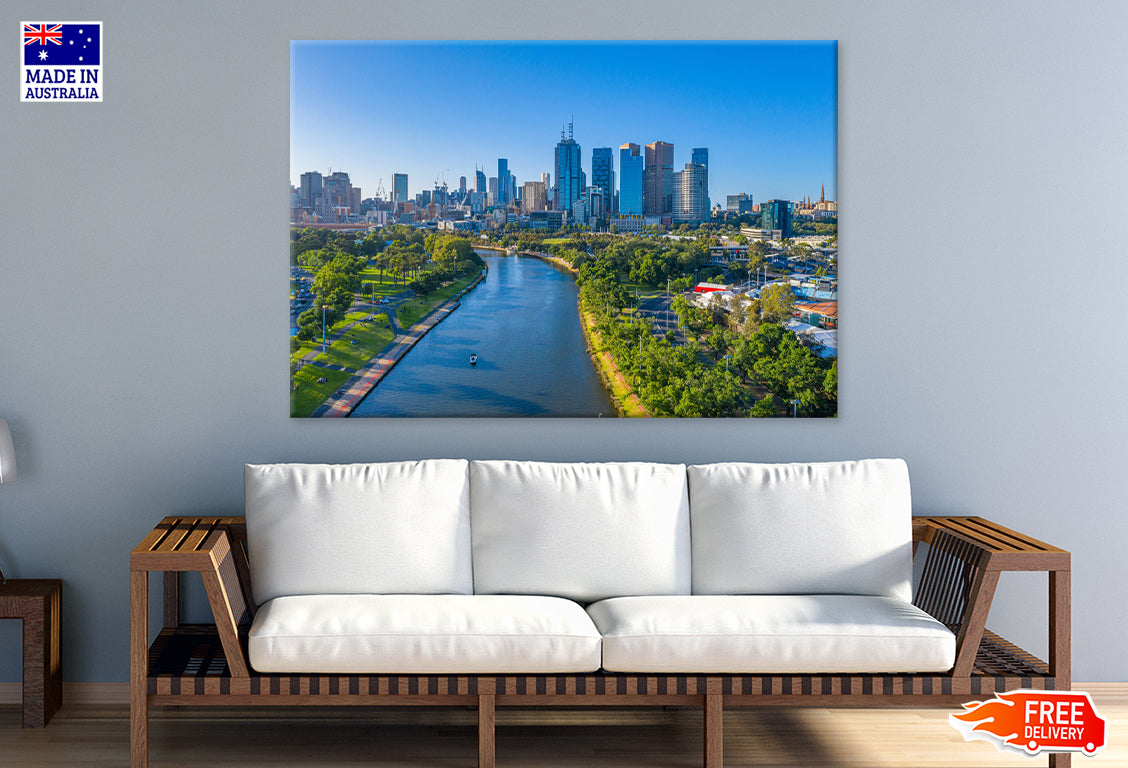 Melbourne Town View from Yarra river Print 100% Australian Made Stretched Canvas Ready to Hang - AU-127