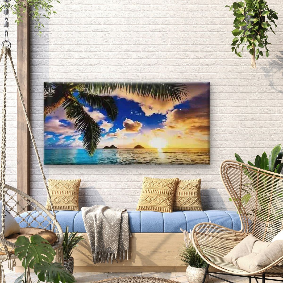 Tropical Beach Sunset Palm Tree Wall Art Canvas Office Home Room Framed 120x60cm