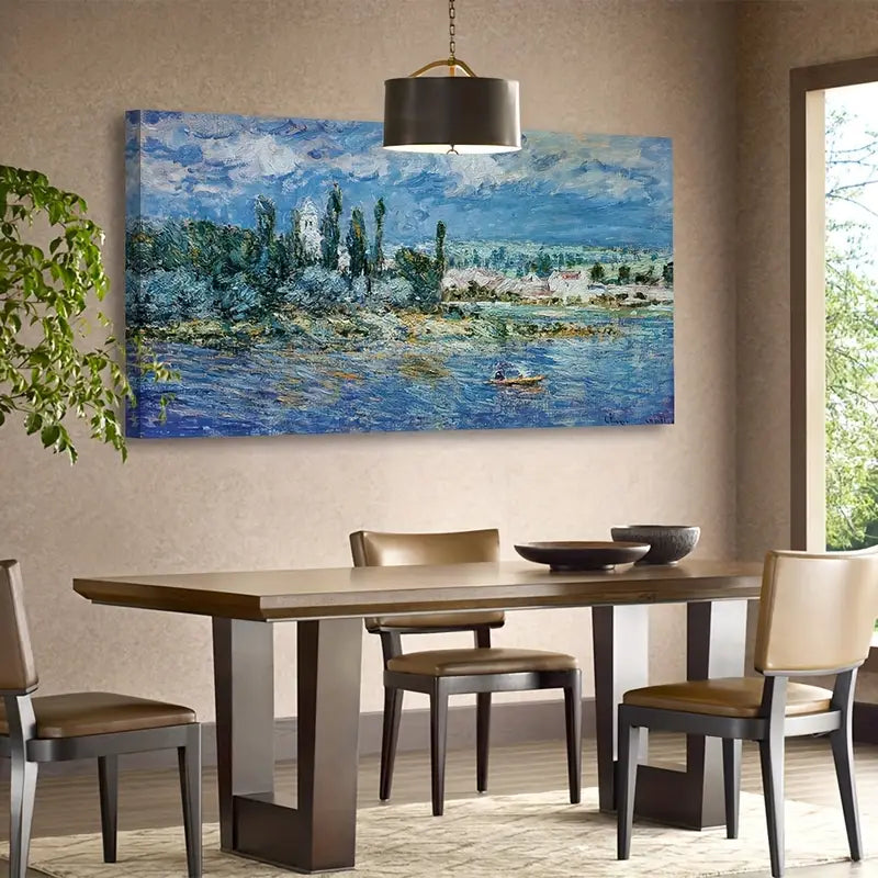 Serene River & Cityscape Scene Wall Art canvas office home room framed 120x60cm