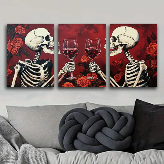 3pcs Skeleton Wine Glasses Metal Print Ready to Hang Art