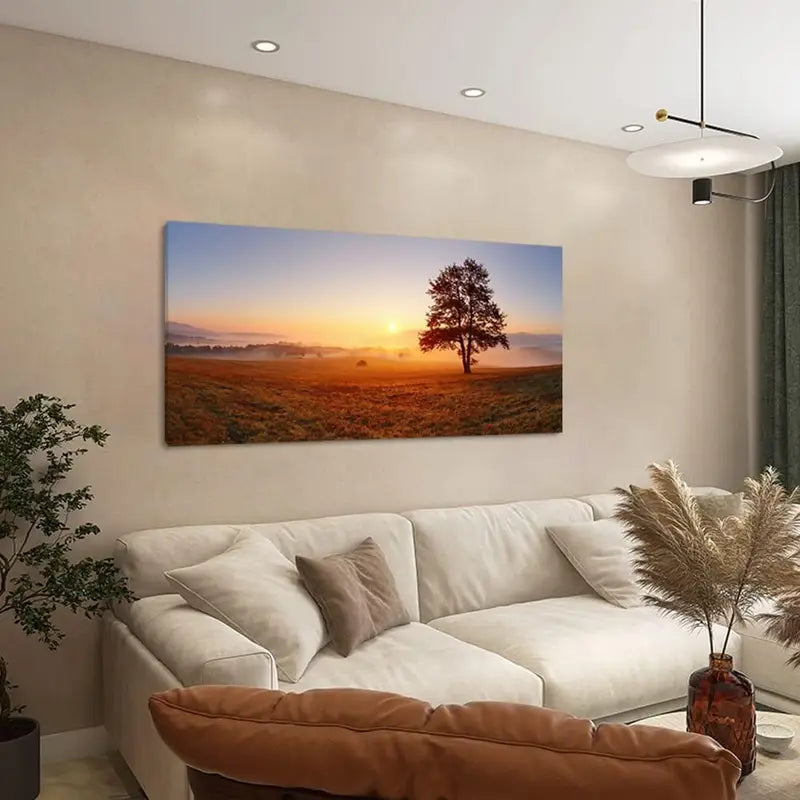 Lasdel Alone Tree Meadow Sunset Beautiful Nature Scenery Wall Art canvas office home room framed 120x60cm