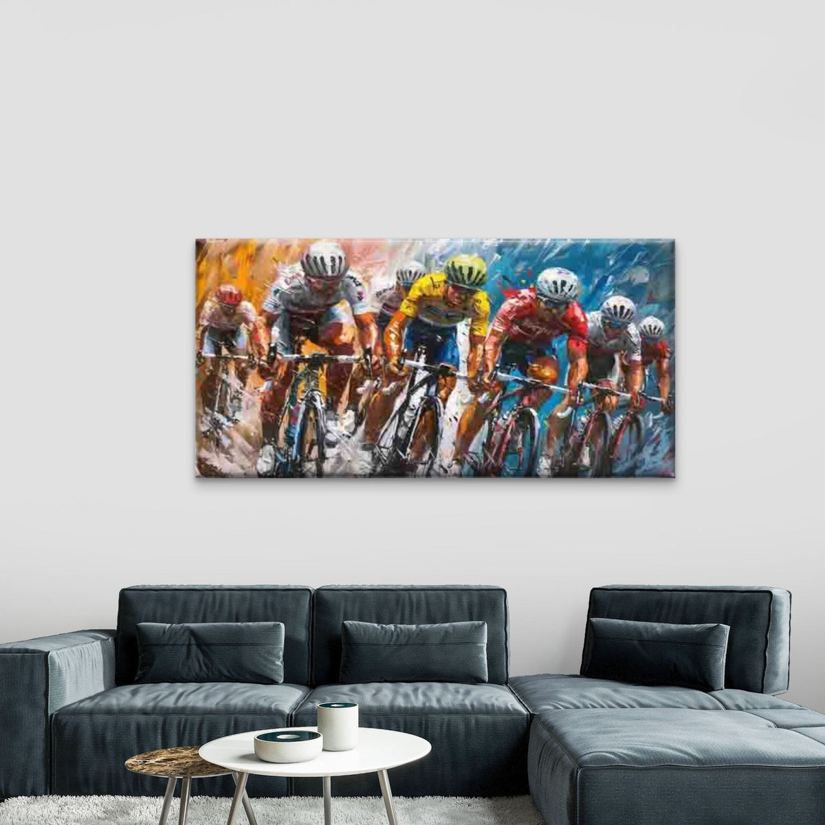 Cyclists in Dynamic Motion, Wall Art Canvas Office Home Room Framed 80x45cm