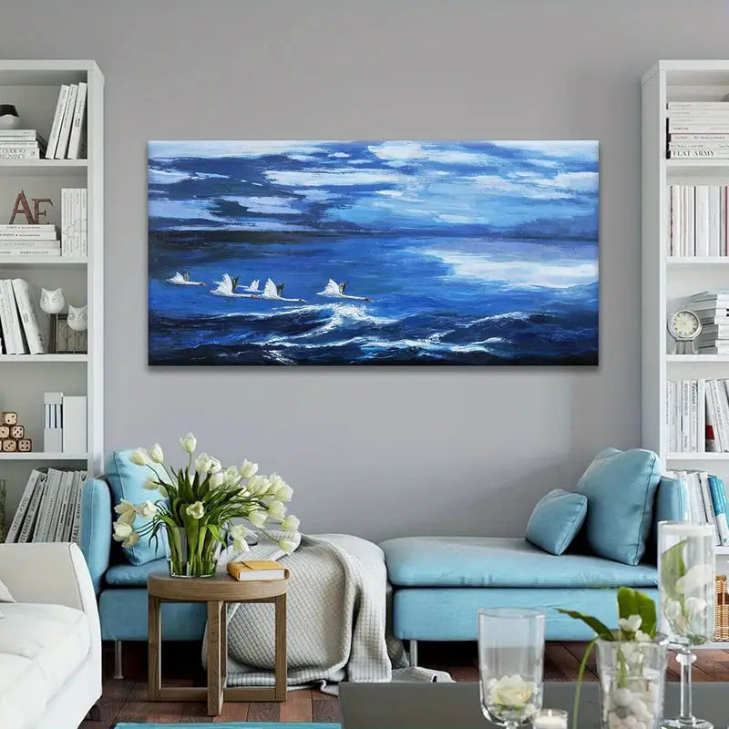 Abstract Seagull Blue Ocean Wall Art canvas office home room framed 120x60cm