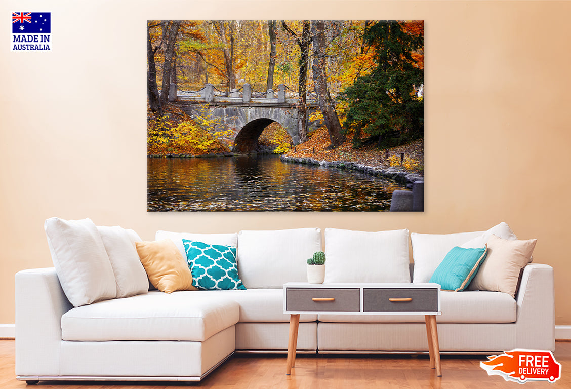 Autumn Park with Stone Bridge over Lake Print 100% Australian Made Stretched Canvas Ready to Hang - NT-128