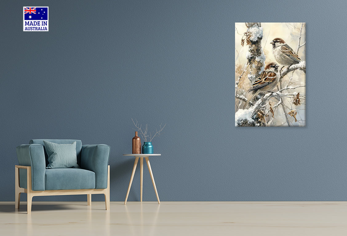 Birds Sitting on a Branch in The Snow Print 100% Australian Made 40x60cm Stretched Canvas Ready to Hang