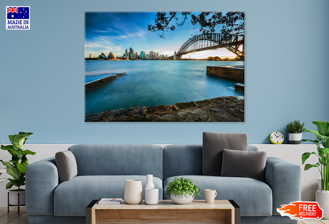 Opera House & Sunset Sky View From River Side Print 100% Australian Made Stretched Canvas Ready to Hang - AU-128