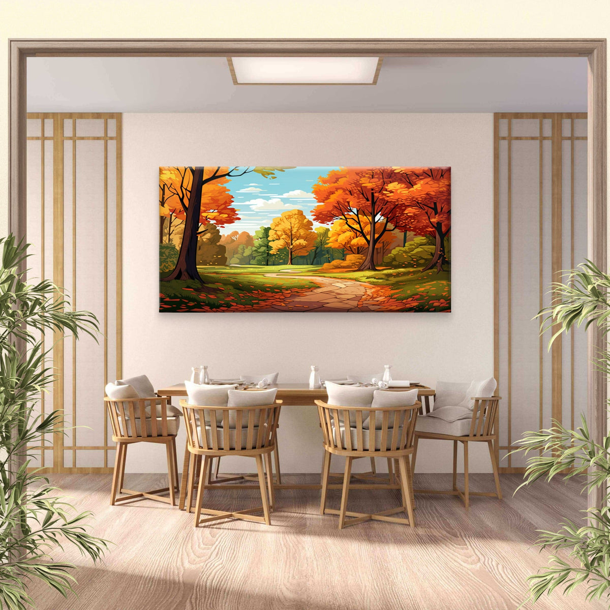 Autumn Forest Path Tree Nature Foliage Wall Art Canvas Office Home Framed 80x45cm