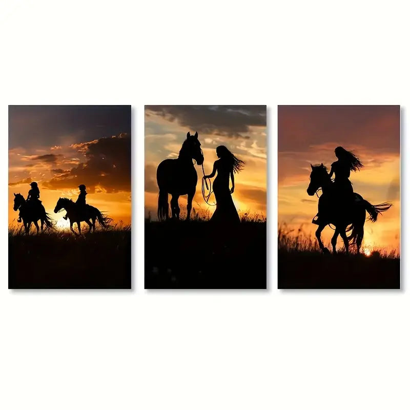 3pcs Sunset Horse Silhouette Shadow Metal Print Ready to Hang Art