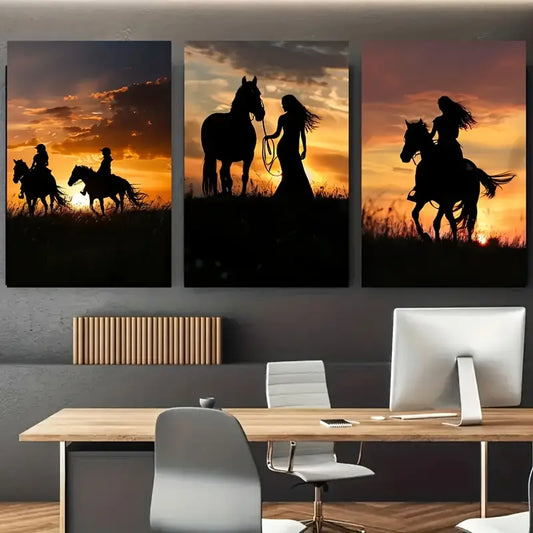 3pcs Sunset Horse Silhouette Shadow Metal Print Ready to Hang Art