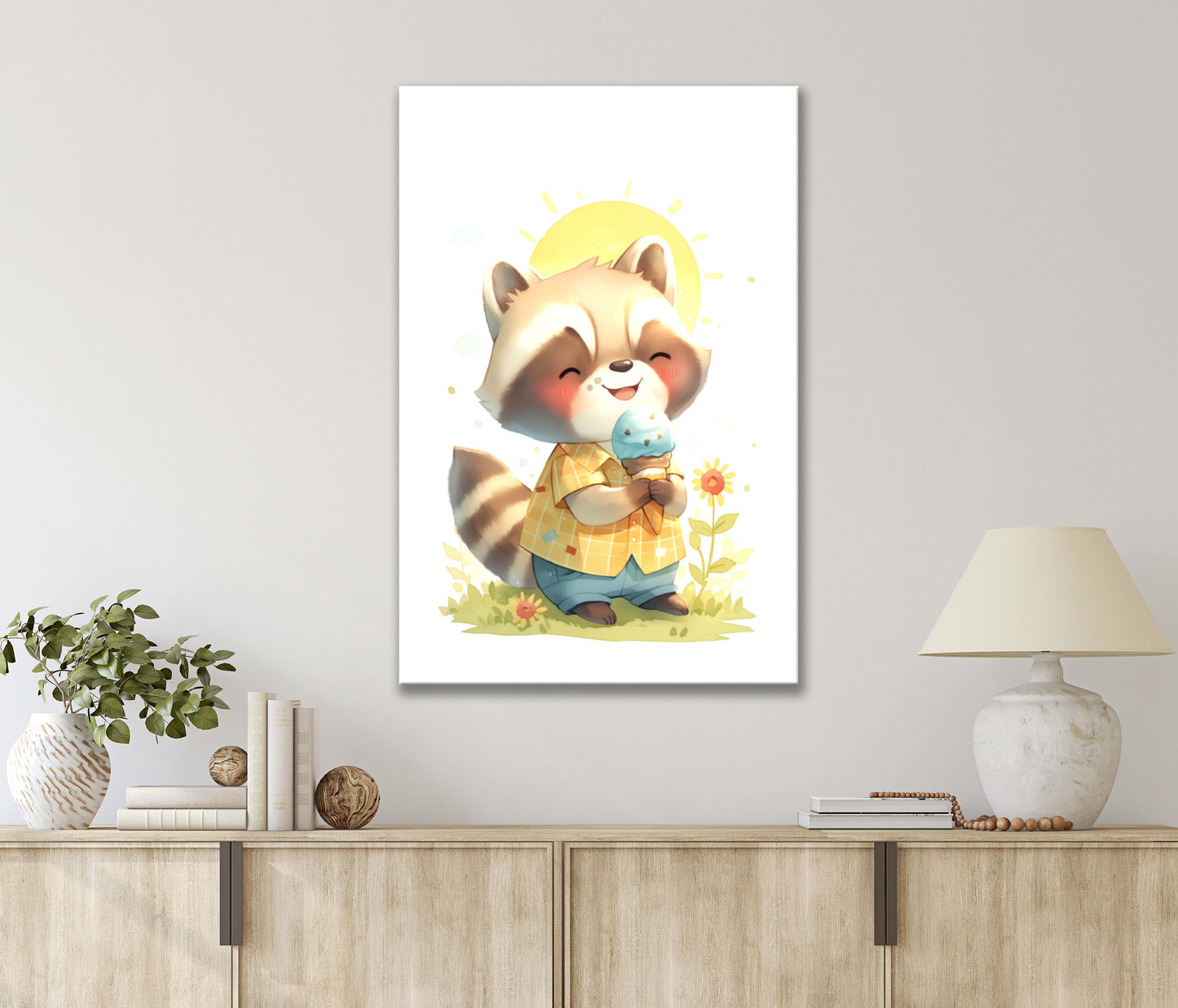 Watercolor Raccoon Enjoying an Ice Cream Cone in A Field Print 100% Australian Made 40x60cm Stretched Canvas Ready to Hang