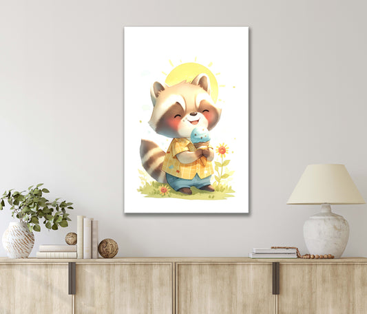 Watercolor Raccoon Enjoying an Ice Cream Cone in A Field Print 100% Australian Made 40x60cm Stretched Canvas Ready to Hang