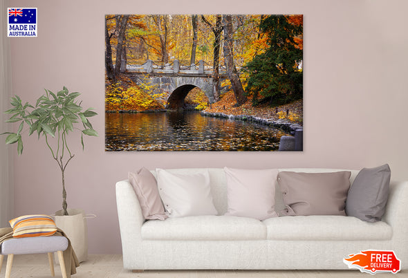 Autumn Park with Stone Bridge over Lake Print 100% Australian Made Stretched Canvas Ready to Hang - NT-128