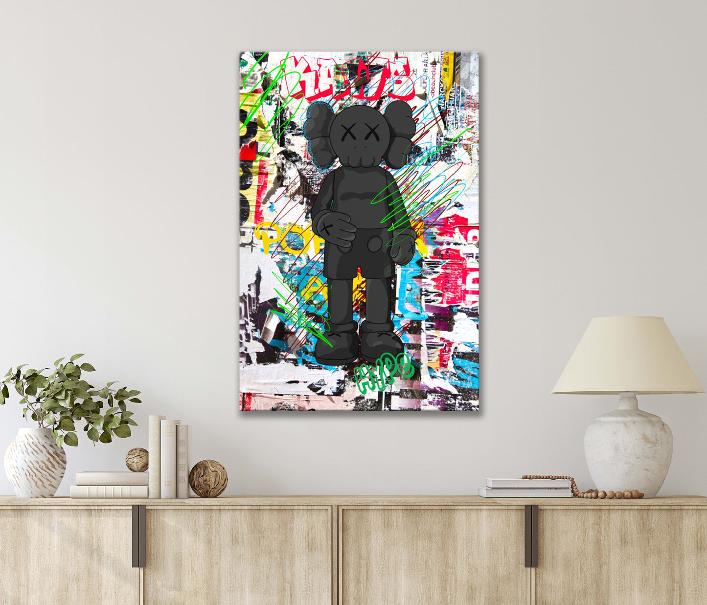 Adorable Black Cartoon Figure with Graffiti Paintings Print 100% Australian Made 40x60cm Stretched Canvas Ready to Hang