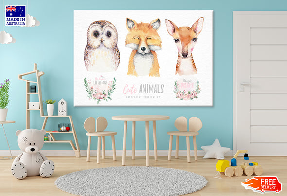 Owl Fox & Deer Painting Print 100% Australian Made Stretched Canvas Ready to Hang - NK-128