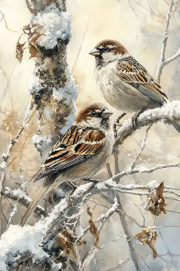 Birds Sitting on a Branch in The Snow Print 100% Australian Made 40x60cm Stretched Canvas Ready to Hang