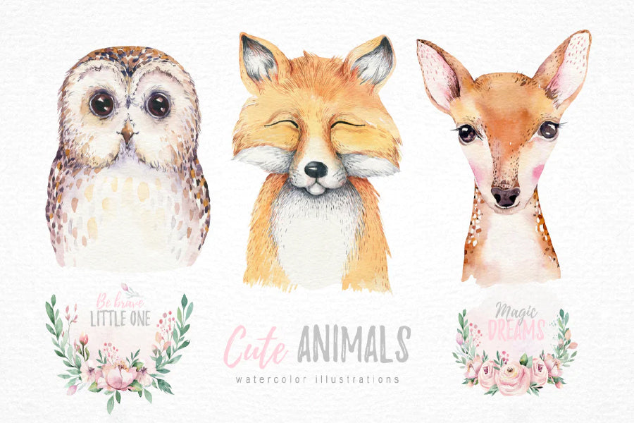 Owl Fox & Deer Painting Print 100% Australian Made Stretched Canvas Ready to Hang - NK-128