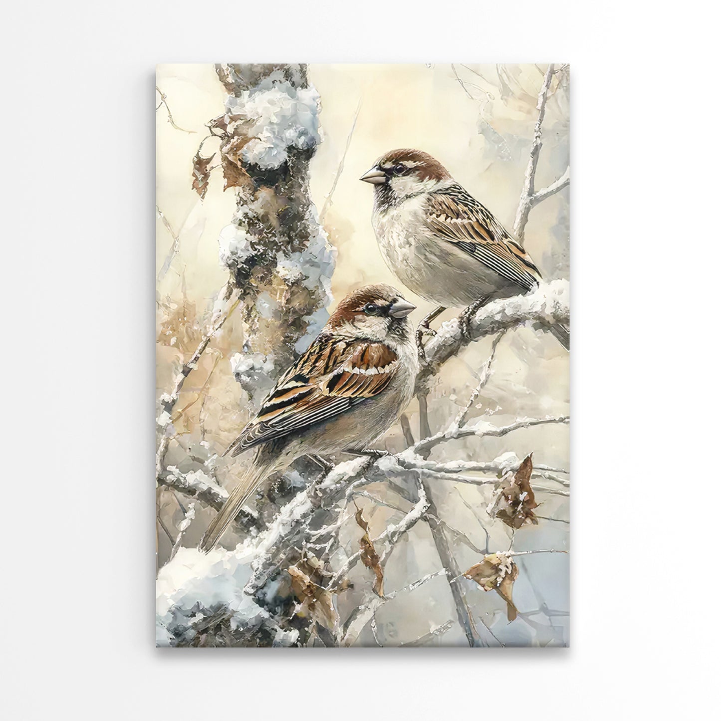 Birds Sitting on a Branch in The Snow Print 100% Australian Made 40x60cm Stretched Canvas Ready to Hang