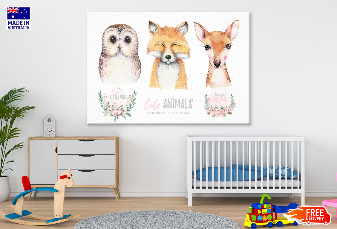 Owl Fox & Deer Painting Print 100% Australian Made Stretched Canvas Ready to Hang - NK-128