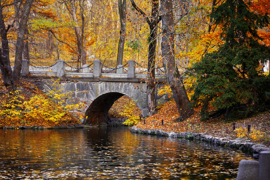 Autumn Park with Stone Bridge over Lake Print 100% Australian Made Stretched Canvas Ready to Hang - NT-128