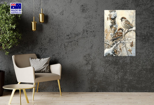 Birds Sitting on a Branch in The Snow Print 100% Australian Made 40x60cm Stretched Canvas Ready to Hang