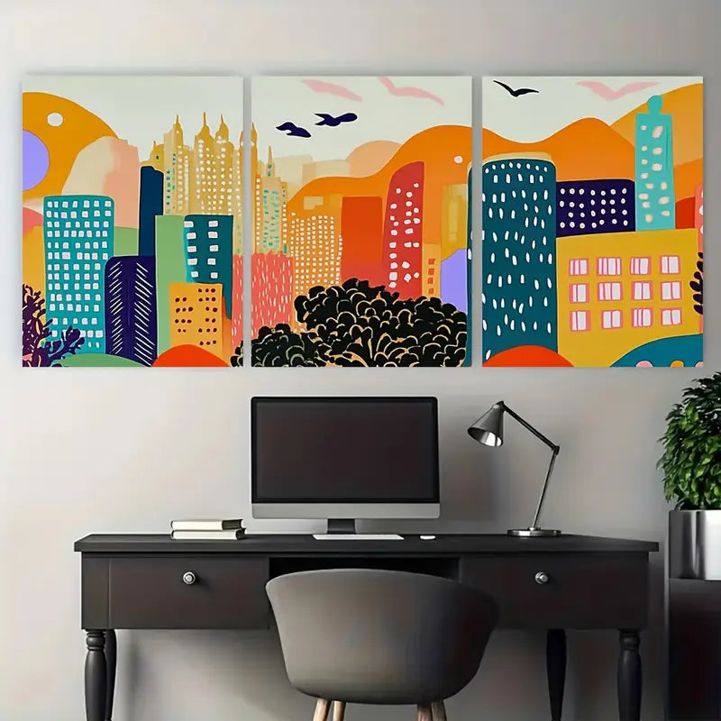 3pcs Coral Teal Buildings Cityscape Metal Print Ready to Hang Art