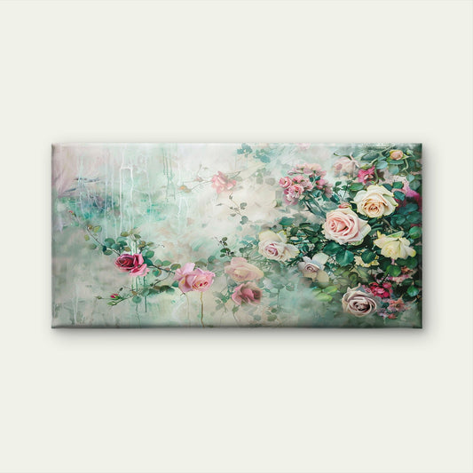 Vintage Pastel Pink Roses Floral Botanical Garden Painting Wall Art Canvas Office Home Room Framed 80x45cm